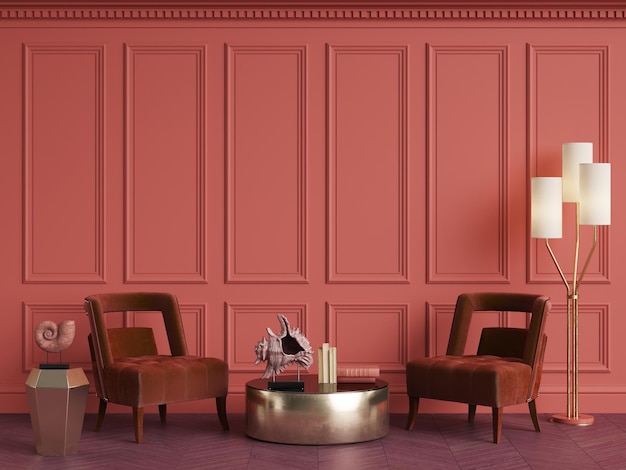 Rotes InnenkonzeptKlassische Möbel im klassischen Interieur mit KopierraumWände mit ZierleistenBodenparkettDigitale Illustration3D-Rendering