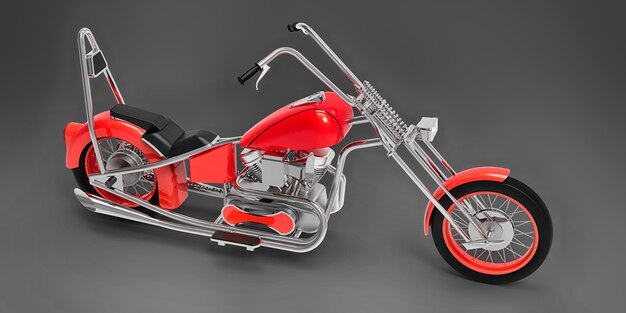 Rotes klassisches kundenspezifisches Motorrad lokalisiert auf grauem Hintergrund. 3D-Rendering.