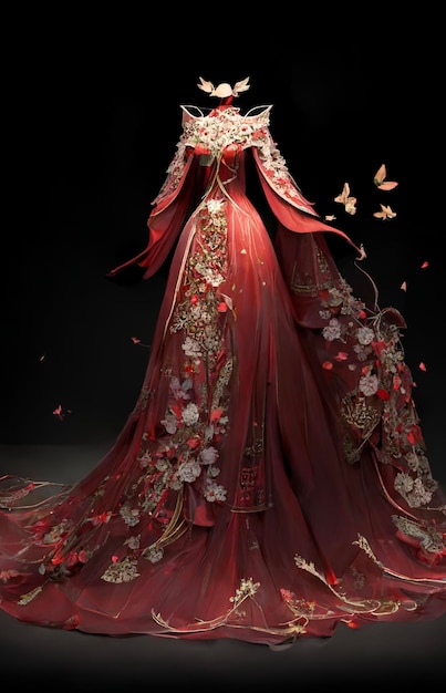 Rotes Kleid mit Blumen und Schmetterlingen darauf generative ai
