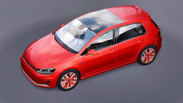 Rotes kleines Familienauto Fließheck auf grauem Hintergrund. 3D-Rendering.