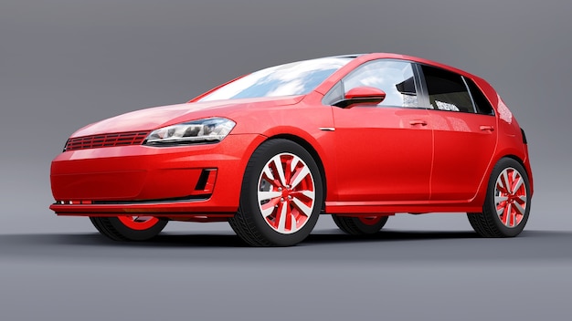 Rotes kleines Familienauto Fließheck auf grauem Hintergrund. 3D-Rendering.