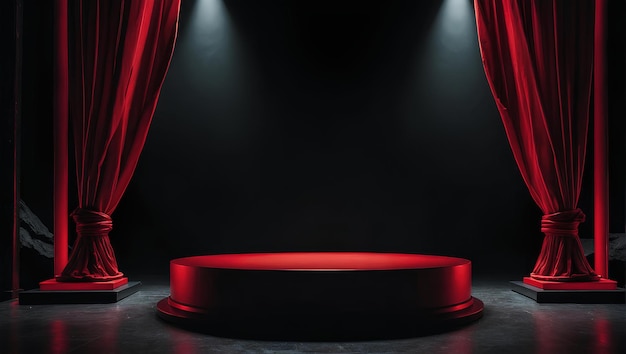 Rotes Licht rundes Podium und schwarzer Hintergrund.