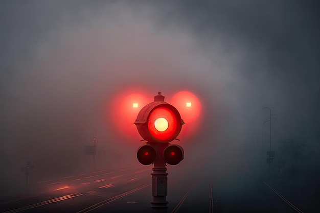 Foto rotes licht, umgeben von nebel und nebel am frühen morgen
