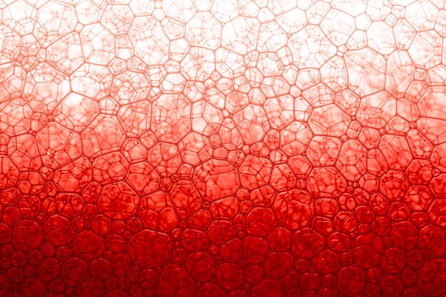 Rotes Makro BubbleBeauty Konzept Hintergrund Nahaufnahme kosmetisches flüssiges Gel mit Blasen auf roten Farben