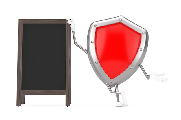 Rotes Metall-Schutz-Schild-Charakter-Maskottchen mit leeren hölzernen Menü-Tafeln im Freienanzeige auf einem weißen Hintergrund. 3D-Rendering