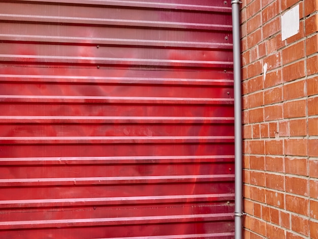 Rotes Metallziegelwandtor im Stadthintergrund