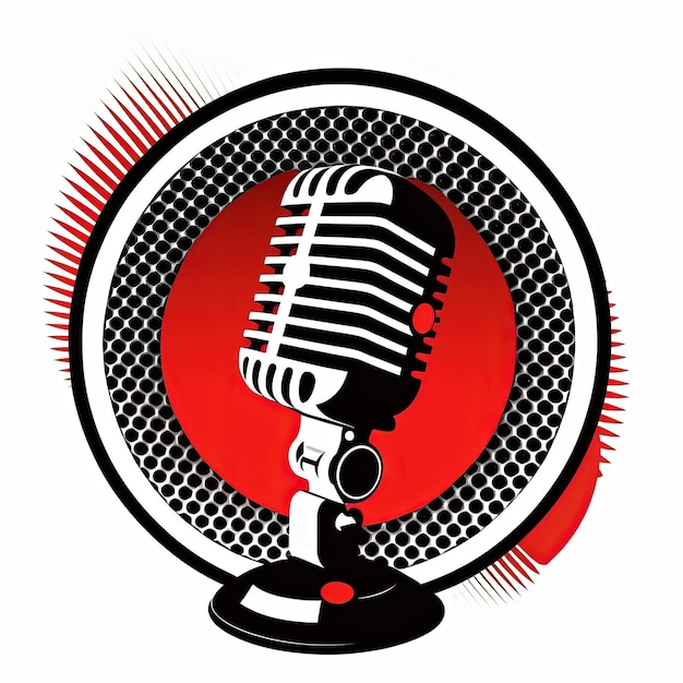 Foto rotes mikrofonsymbol im kreis, podcast-logo, weißer hintergrund. generative ki