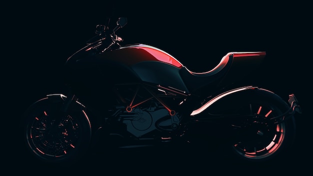 Rotes Motorrad mit schwarzem Hintergrund. 3D-Rendering und Illustration.