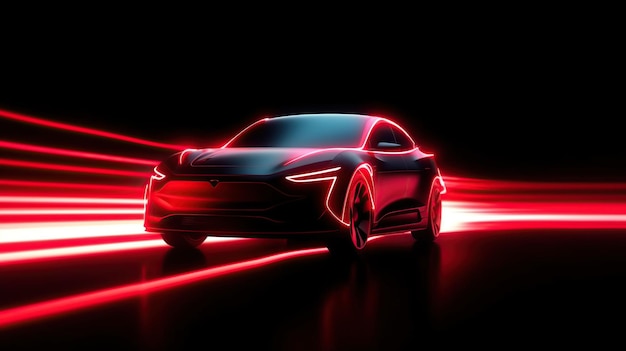 Rotes Neon leuchtet im dunklen Elektroauto bei Hochgeschwindigkeitslaufkonzept
