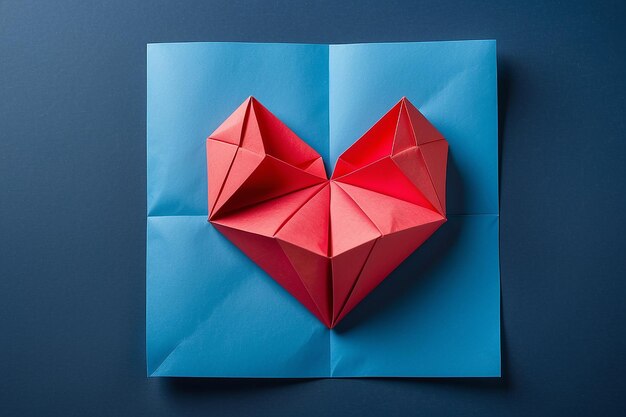 Rotes Origami-Herz auf blauem Papierhintergrund