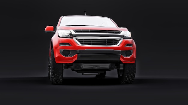 Rotes Pickup-Auto auf schwarzem Hintergrund. 3D-Rendering.