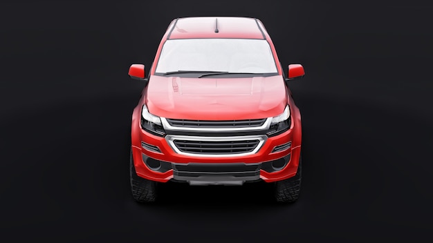 Rotes Pickup-Auto auf schwarzem Hintergrund. 3D-Rendering.