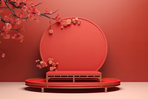 Rotes Podium mit Laterne, chinesisches Neujahr und Geschenkbox, Produktständer, Podium, Hintergrund, Sockel 3d