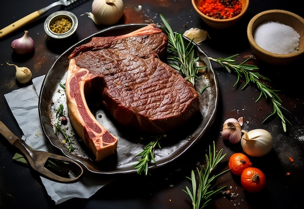 Rotes rohes Steak auf einem Schneidbrett mit Rosmarin und Gewürzen und Zwiebeln auf einem alten dunklen Steinrücken