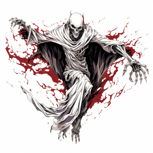 Rotes Skelett, das dunkelweiße und beige Horror-Manga-Kunst fliegt