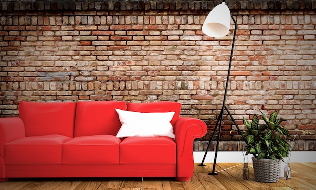 Rotes Sofa und Kissen mit Raumbacksteinmauerhintergrund auf Bretterboden. 3D-Rendering