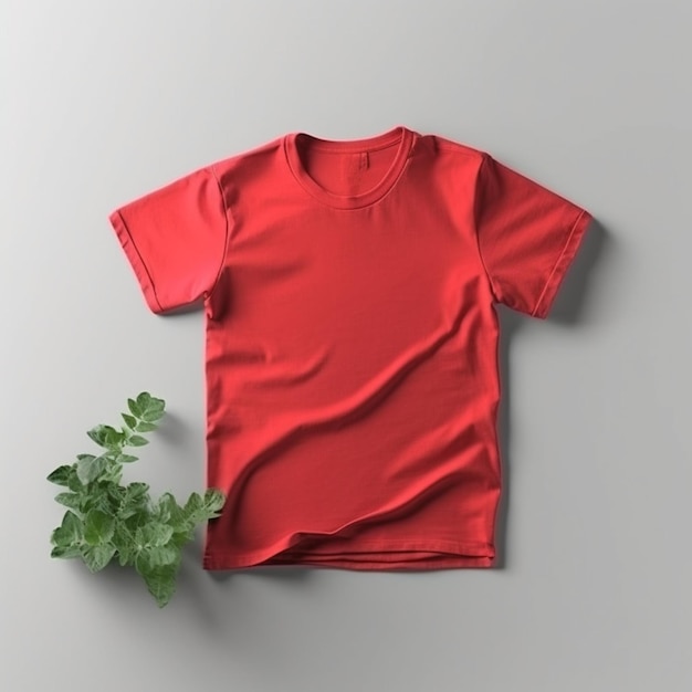 Rotes T-Shirt-Modell auf dynamischem, einfarbigem Hintergrund. Hemd-Modell-Set. Rotes T-Shirt-Modell vorne