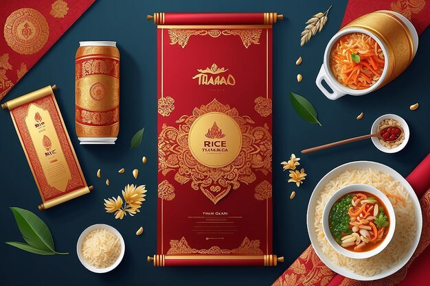 Rotes und Goldes Paket Thailand Essen Logo Produkte und Stoff Hintergrund Thailändische Künste