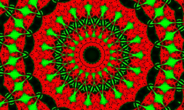 Rotes und grünes psychedelisches Kaleidoskop. Gefärbter Wirbelstoff. Pinsel Ikat Bunte Kunst. Psychedelisches Kaleidoskop 2021. Aquarell Cooler Hintergrund. Rosa Dekorieren Ikat. Kreis