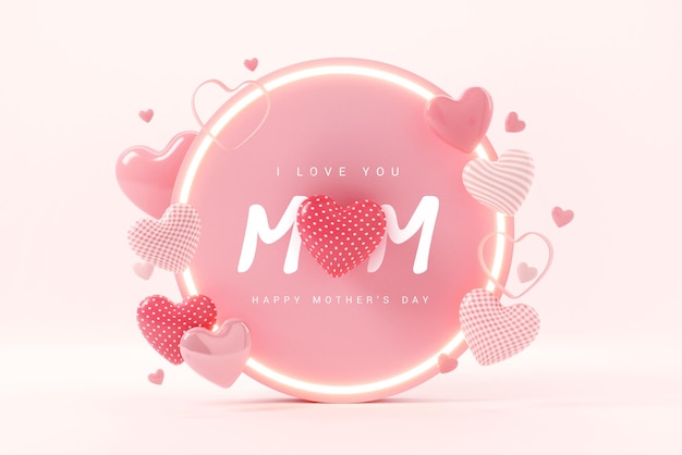 Rotes und rosafarbenes Herzsymbol im Kreisrahmen mit glücklichem Muttertag