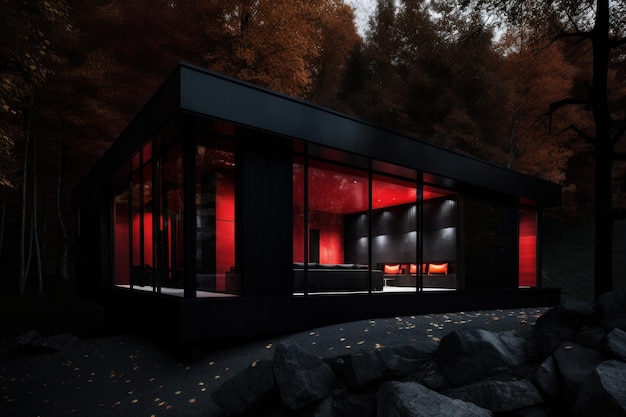 Rotes und schwarzes Hausdesign an einem dunklen Ort