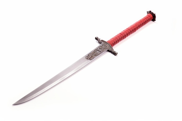 Rotes und silbernes Schwert mit rotem Griff auf einer weißen oder klaren Oberfläche PNG durchsichtiger Hintergrund