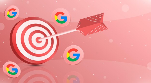 Rotes Ziel mit einem Pfeil in den Top Ten mit Google-Logo-Symbolen um 3d