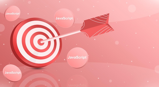 Rotes Ziel mit einem Pfeil in den Top Ten mit Javascript-Logo-Symbolen um 3d