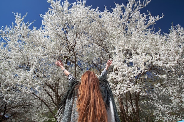 Rothaarige Frau eingewickelt in karierte Grüße mit erhobenen Händen, die im Frühling Sakura-Bäume blühen, Blick von hinten