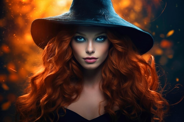 Rothaarige Frau oder Mädchen in einem Hexenkostüm auf dunklem Hintergrund Halloween-Festkostüm Das junge Mädchen bereitete sich auf den Feiertag vor