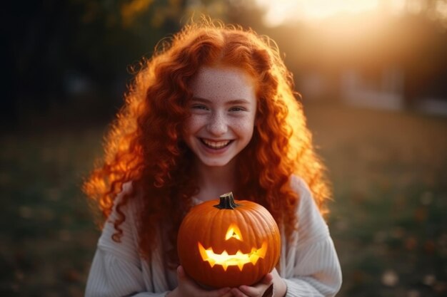 Rothaariges Mädchen hält zu Halloween einen geschnitzten Kürbis