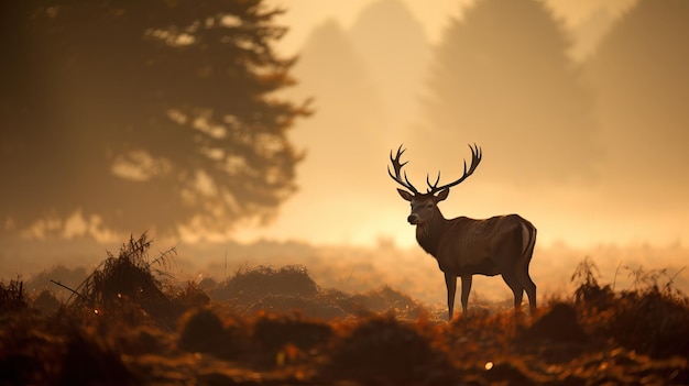 Rothirsch Cervus elaphus im Morgennebel