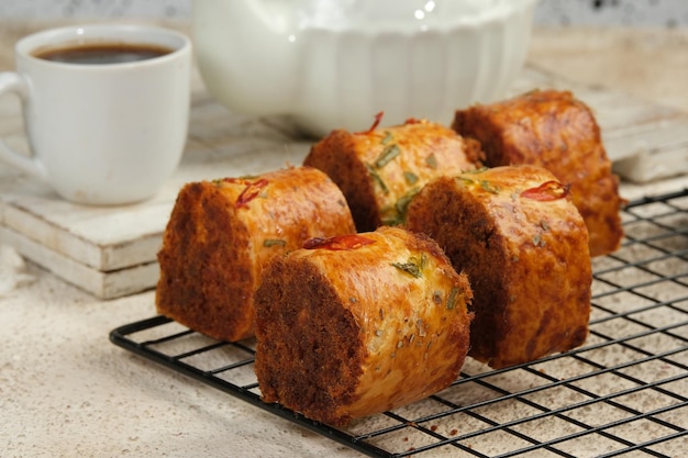 Roti Abon Gulung o Floss Roll Bread Rolls La pastelería de estilo asiático es dulce y salada