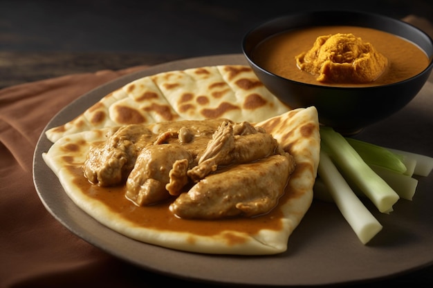 roti canai e frango ao curry Roti Canai e frango ao curry é uma ótima refeição para compartilhar Generative Ai