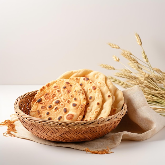 Roti indiano fresco em cesta em fundo branco Tandoor roti