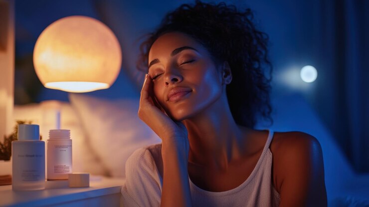 Rotina serena de cuidados com a pele à noite para relaxamento e autocuidado com iluminação ambiente suave Dia Nacional do Retinol