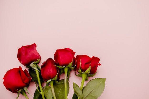 Rotrosenblumenstrauß von Blumen auf einem rosa Hintergrund.