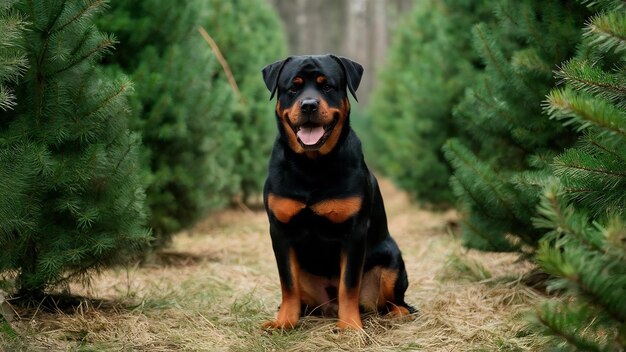 Foto rottweiler en el bosque de coníferas en un día soleado