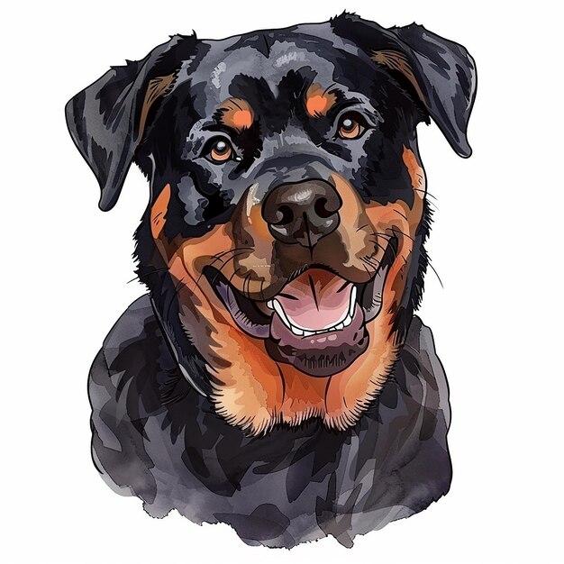 Foto rottweiler de desenho animado sorriso insolente aquarela ilustração artística retrato de animal de estimação