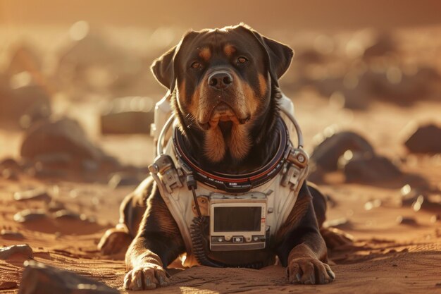 Foto rottweiler im raumanzug auf dem mars