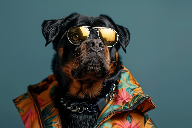 Rottweiler mit Kleidung und Sonnenbrille auf blauem Hintergrund