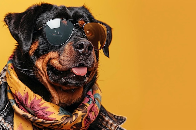 Rottweiler con ropa y gafas de sol en fondo amarillo