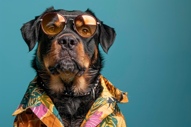 Rottweiler con ropa y gafas de sol en fondo azul