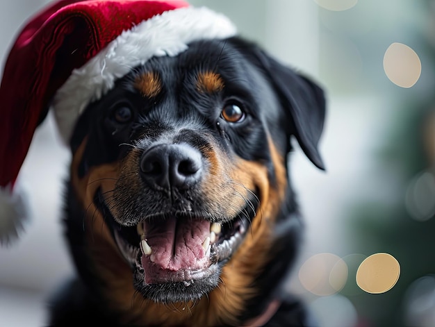 Rottweiler sorrindo usando um retrato de chapéu de Natal