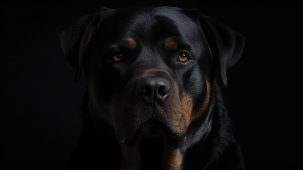 Un Rottweiler su pelaje oscuro brillando bajo la suave luz del sol irradiando un aura de valentía y fuerza