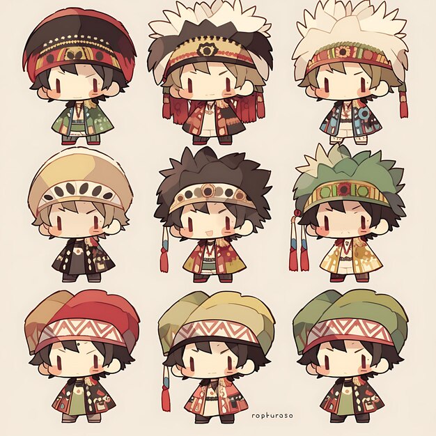 Rótulo do chefe nativo americano Chibi Kawaii Native Fashion Earth Concept Art Asset