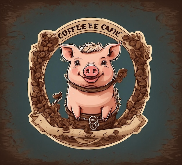 Rótulo vintage com porquinho e grãos de café Ilustração vetorial