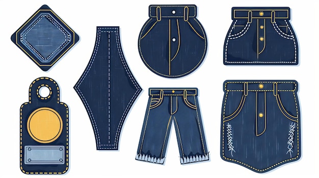 Rótulos têxteis com textura de tecido de jeans azul ilustração moderna de etiquetas de moda de um material de lona azul com pontos e rebites amarelos