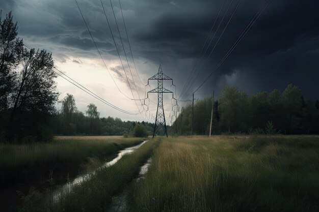 Rotura de línea eléctrica con vista de cielo tormentoso y relámpagos