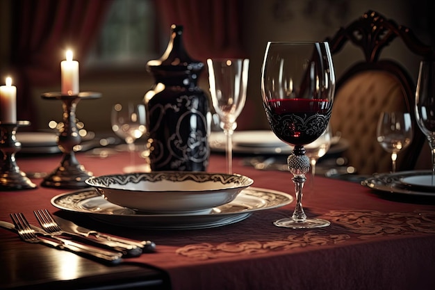 Rotwein an einem formellen Tisch mit horizontaler Seitenansicht
